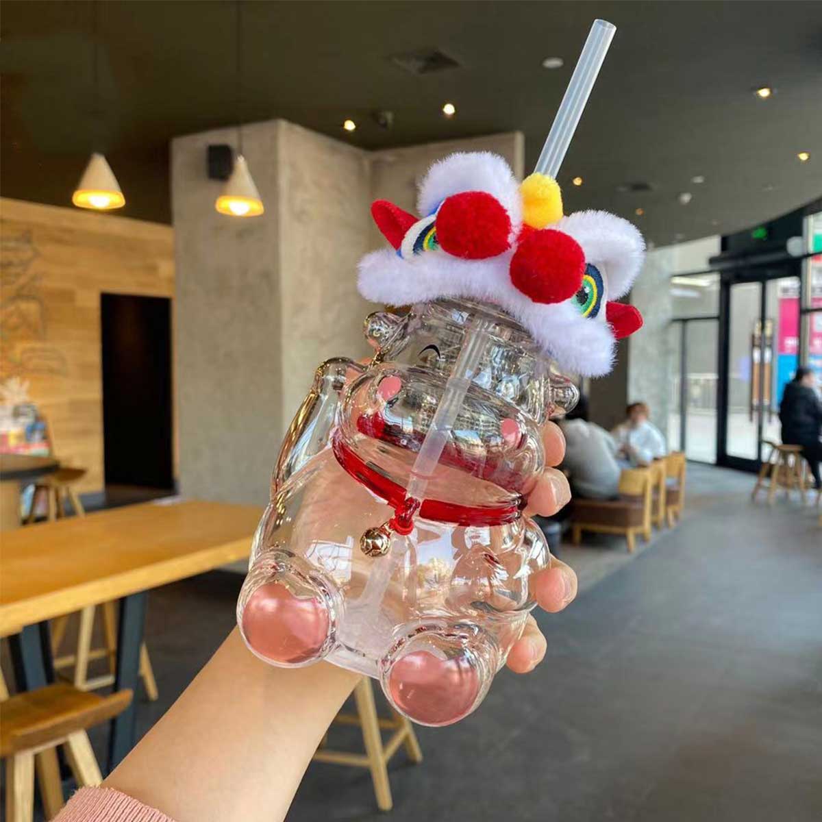 Starbucks 2021 China Lion dance Cow shape glass cold water straw cup 496ml Starbucks loveinstarbucks