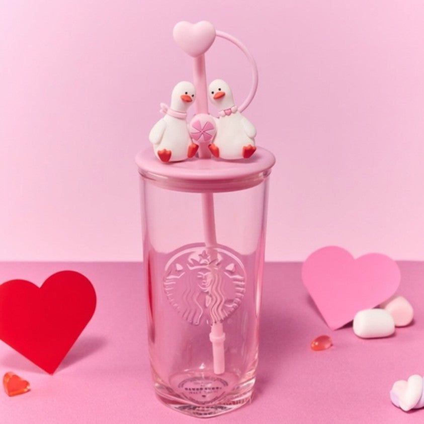 Starbucks China 2026 Pupu Duck Valentine's Day series heart-shaped bottom  glass 500ml 17.6oz