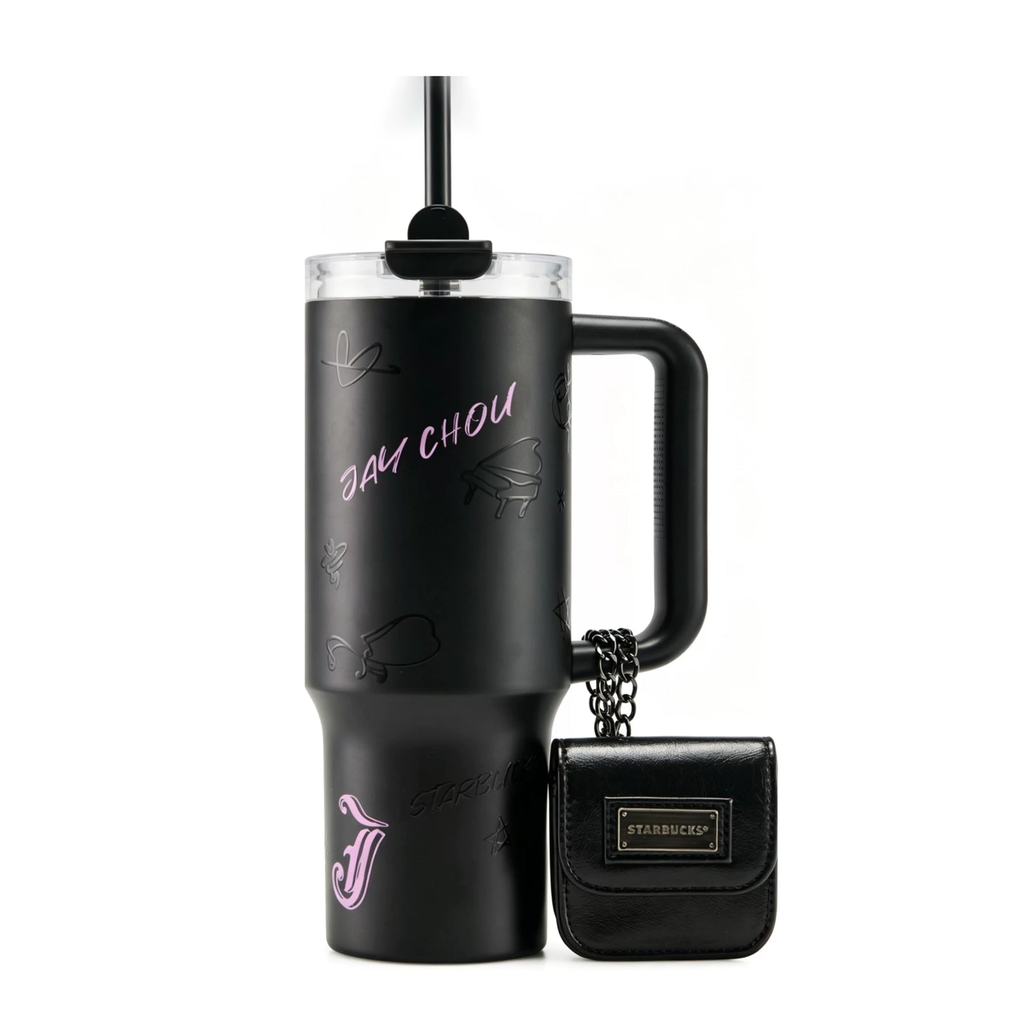 Starbucks China 2026 x Jay Chou series cool black matte finish stainless steel straw cup with multi-function bag 1010ml