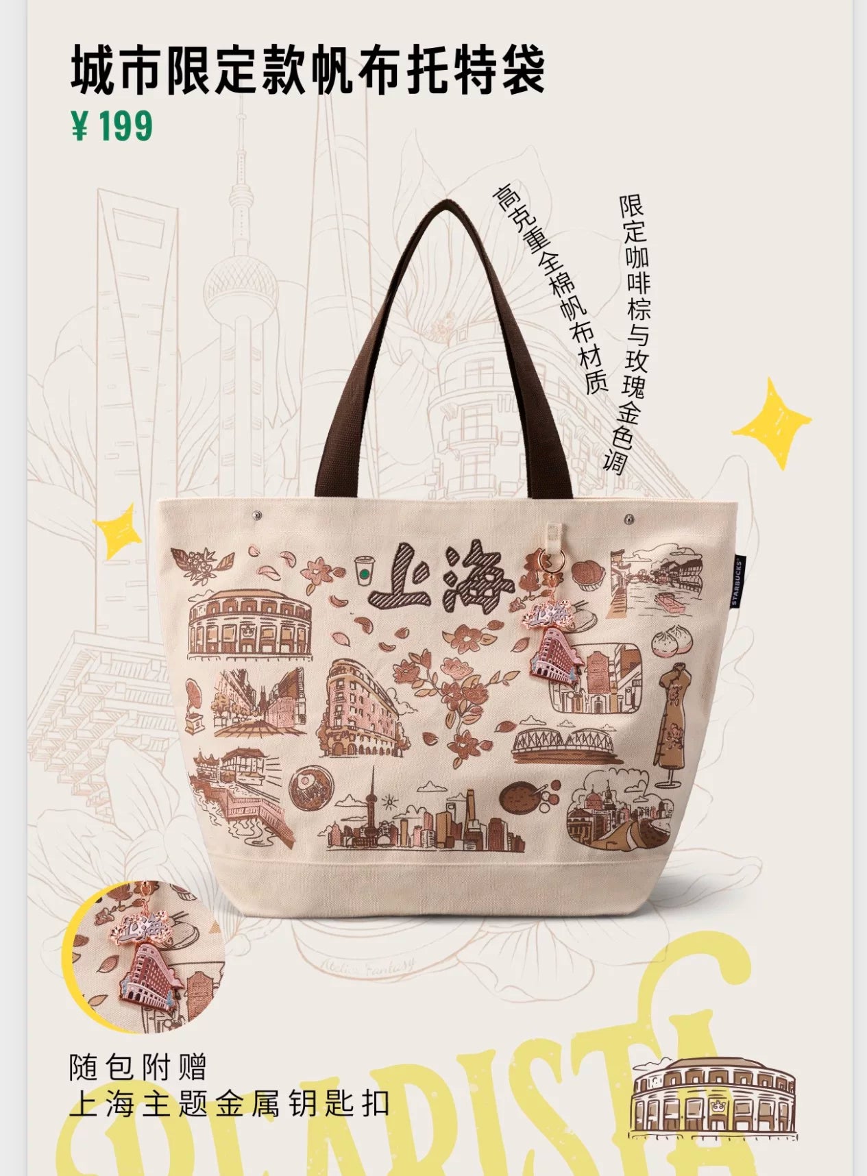 Starbucks China 2026 Shanghai limited series canvas tote bag