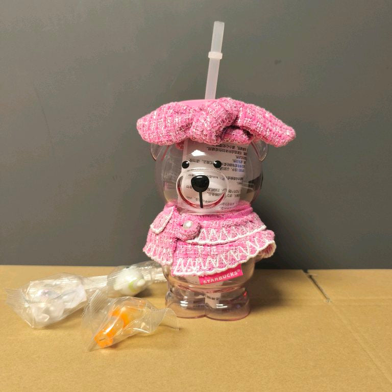 Faded Straw Starbucks Pink Glass Cup with 3 Mini Figurines