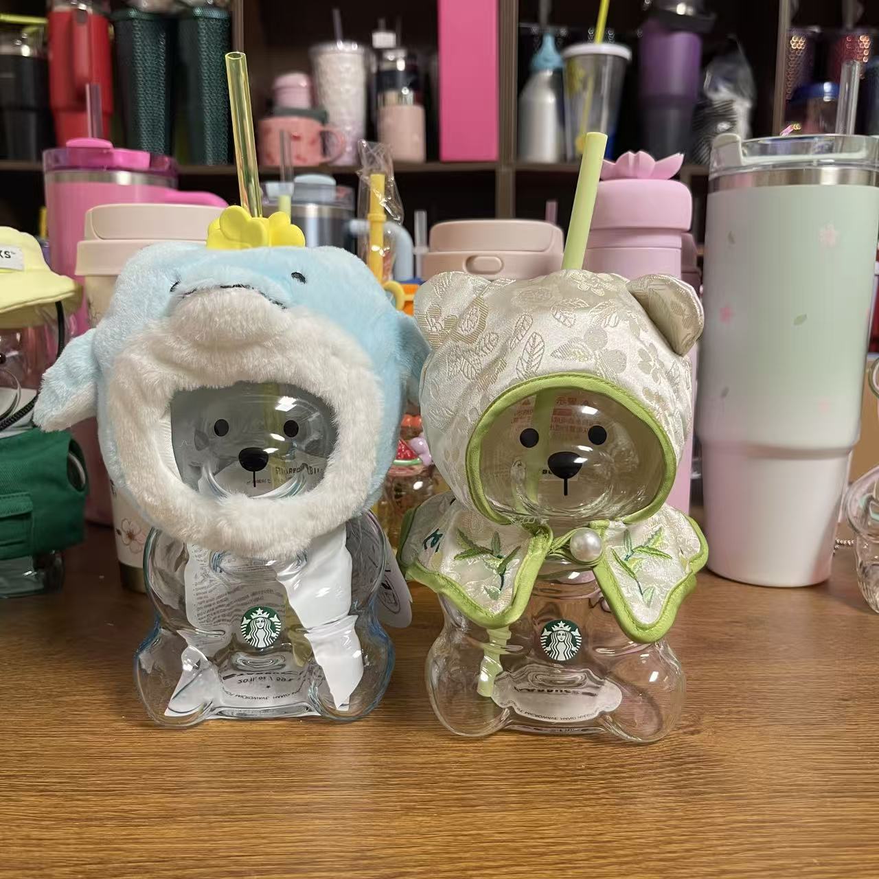2PCS -Starbuck Korea Jeju Island Dolphin and Shawl Bearista Bear glass