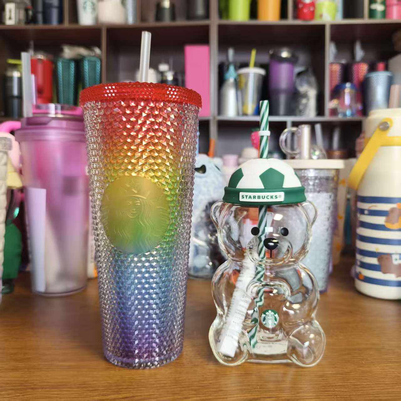 Starbucks Bear Glass and Rainbow Studded Cup