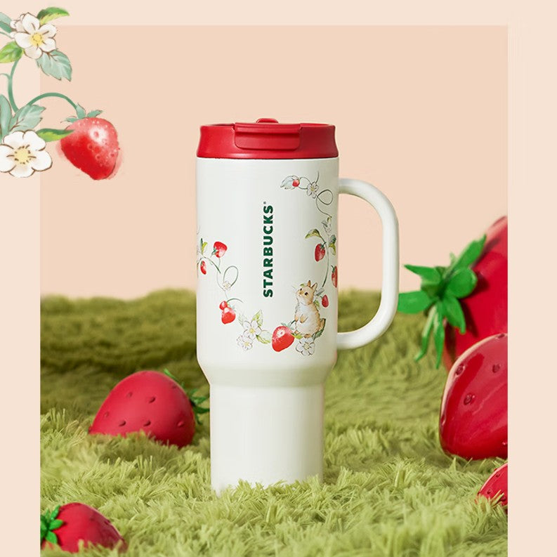 Starbucks China 2024 Strawberry Bunny Paradise series Double drinking spout  Stainless steel cup 1189ml