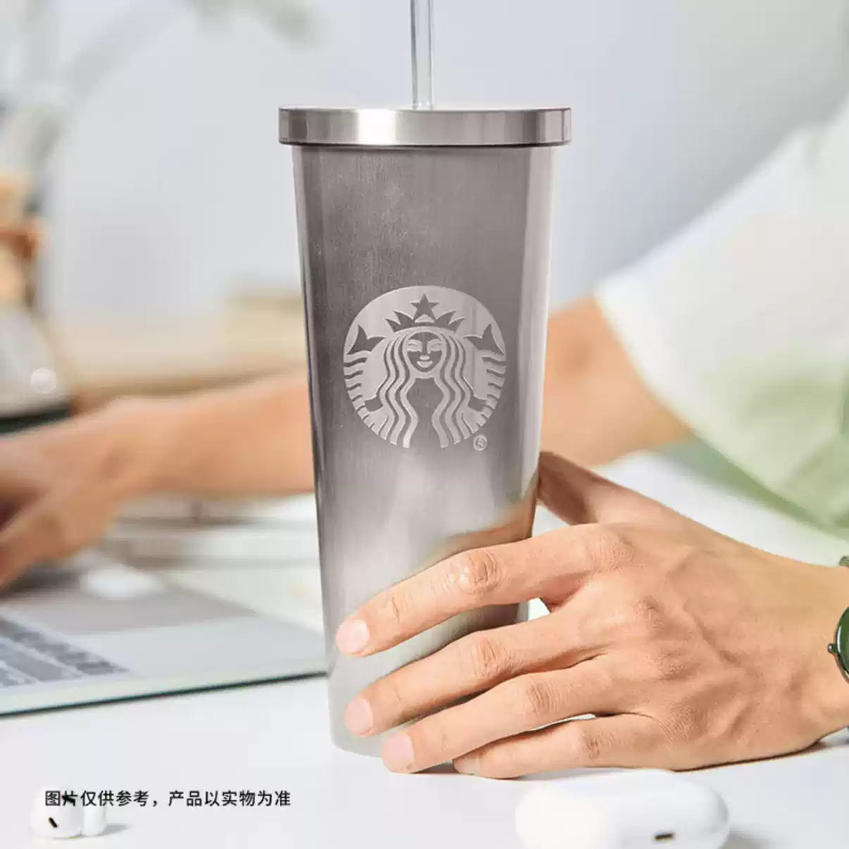 Starbucks China 2025 Classic Series Elegant Silver Simple Cat-Eye Texture Stainless Steel Tumbler with Straw