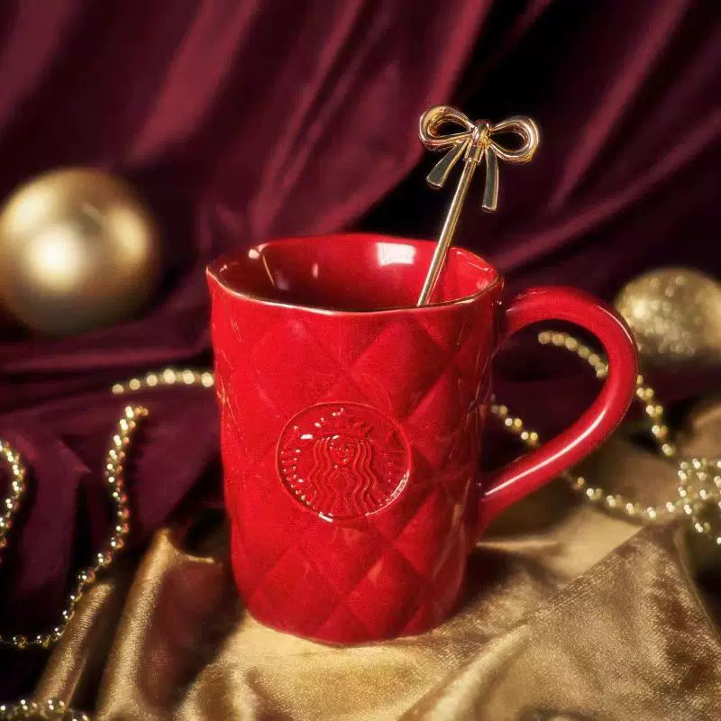 Starbucks China 2025 Christmas Warmth Series Burgundy Diamond Mug with Gold Bow Stirrer 415ml