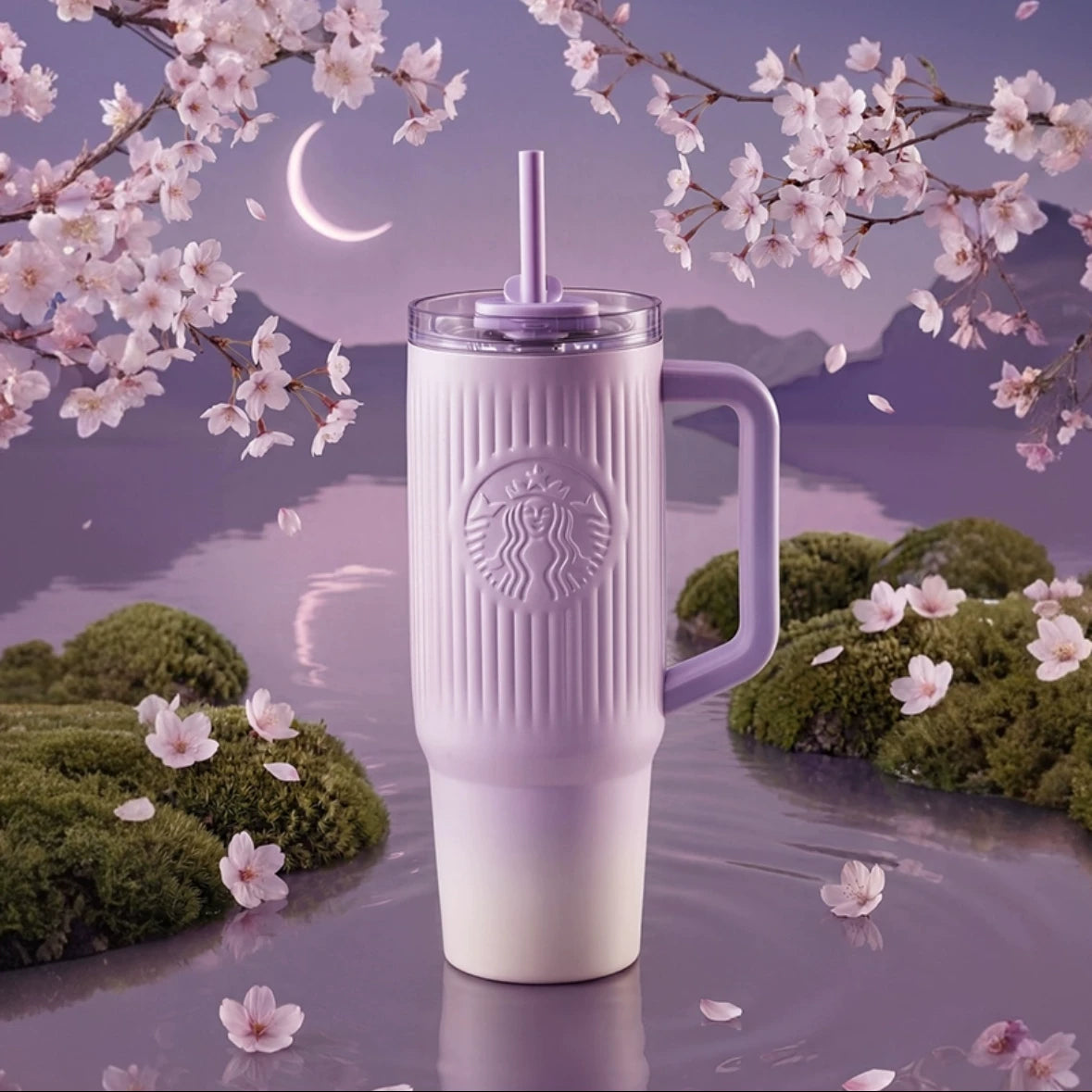 Starbucks China 2026 Cherry Blossoms Online Series Vermicelli Striped Handle Straw Cup 900ml