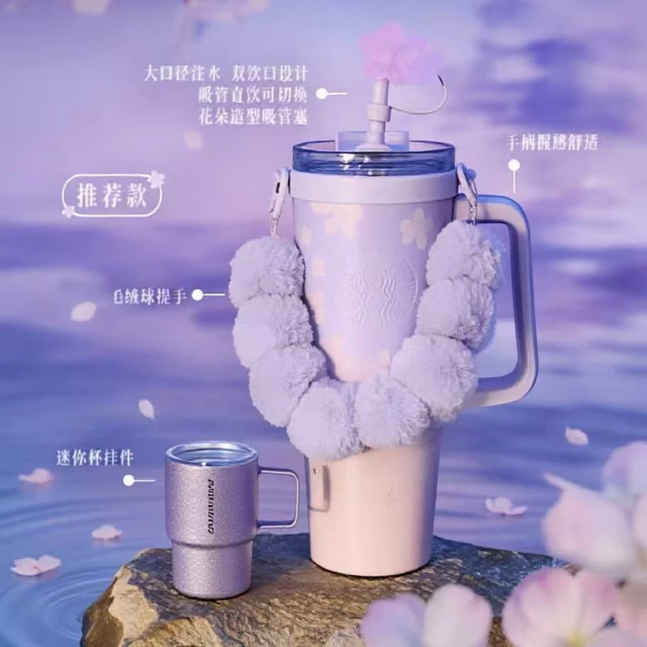 pre-order Starbucks China 2026 Spring Cherry Blossom Collection Double Spout Stainless Steel Cup with Straw Stopper and Cup Pendant 900ml 31.68oz
