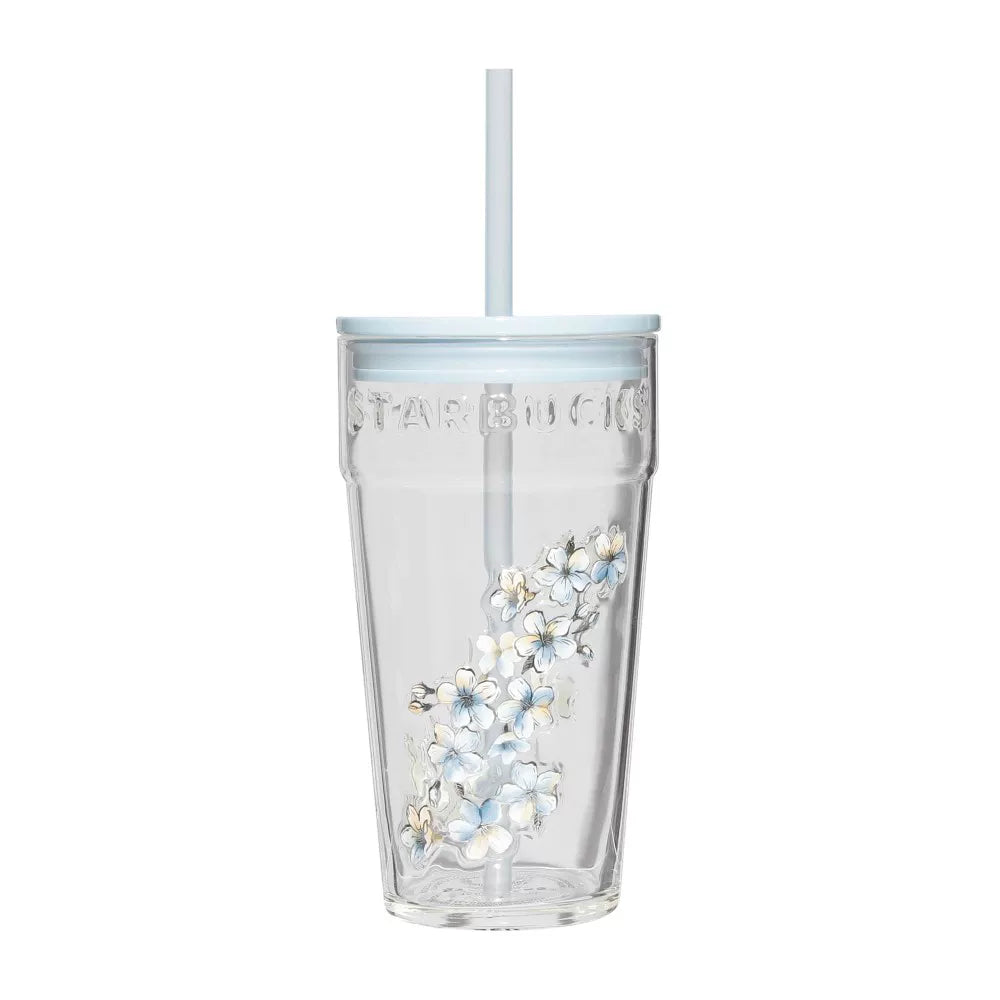 Starbucks Japan 2026 Blue Cherry Blossom Series Blue Cherry Embossed Clear Glass Straw Cup 414ml