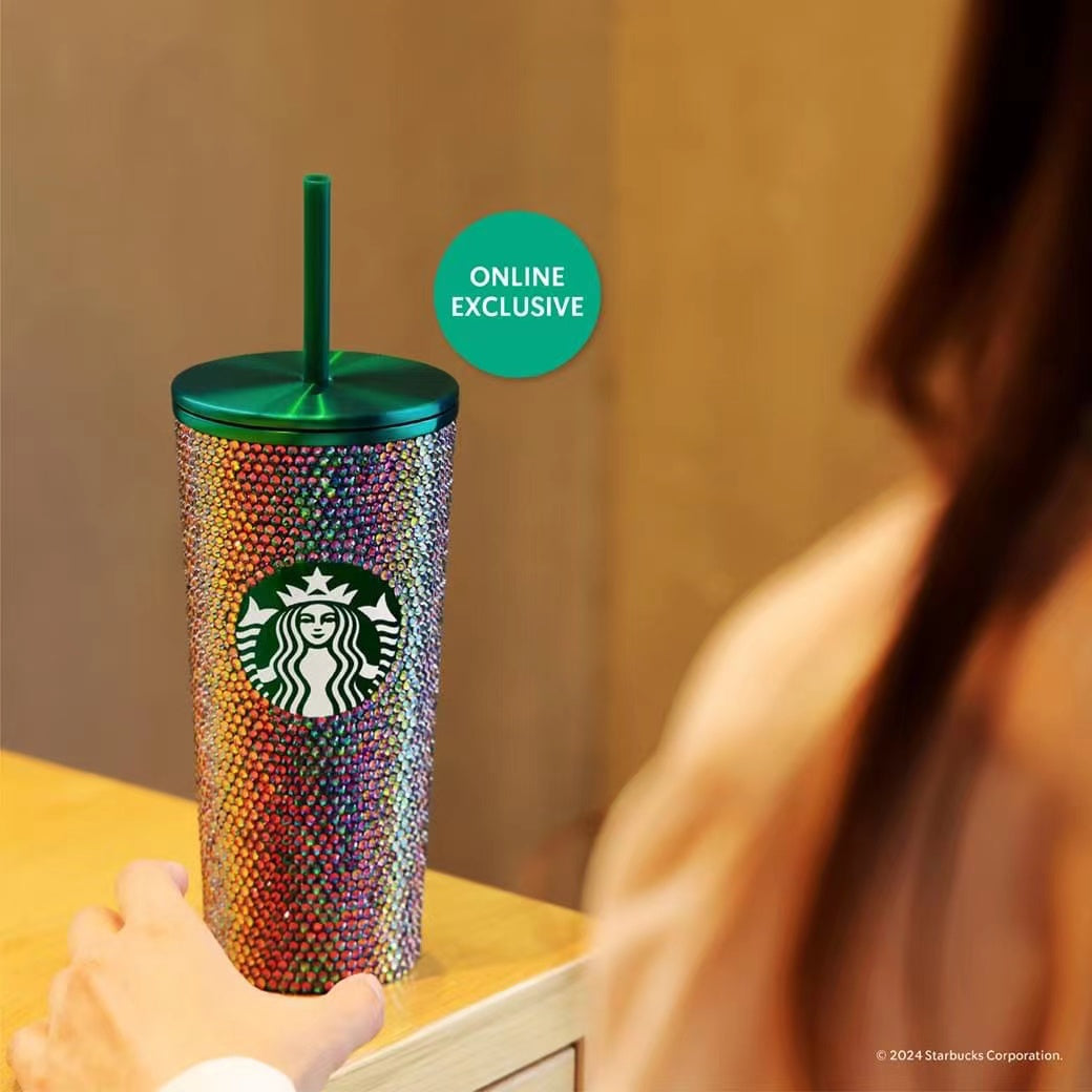 Starbucks Thailand 2024 METALLIC green rhinestones cold water straw cup 16oz Starbucks loveinstarbucks