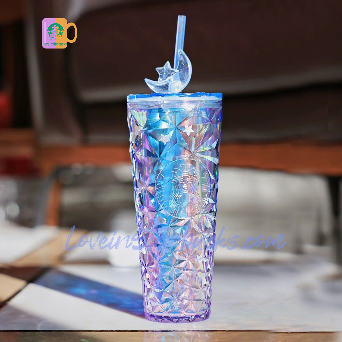on sale Starbucks Tumblers China Star Wishing Moonlight blue purple Diamond Glitter prism straw cold cup 24oz On sale Starbucks loveinstarbucks