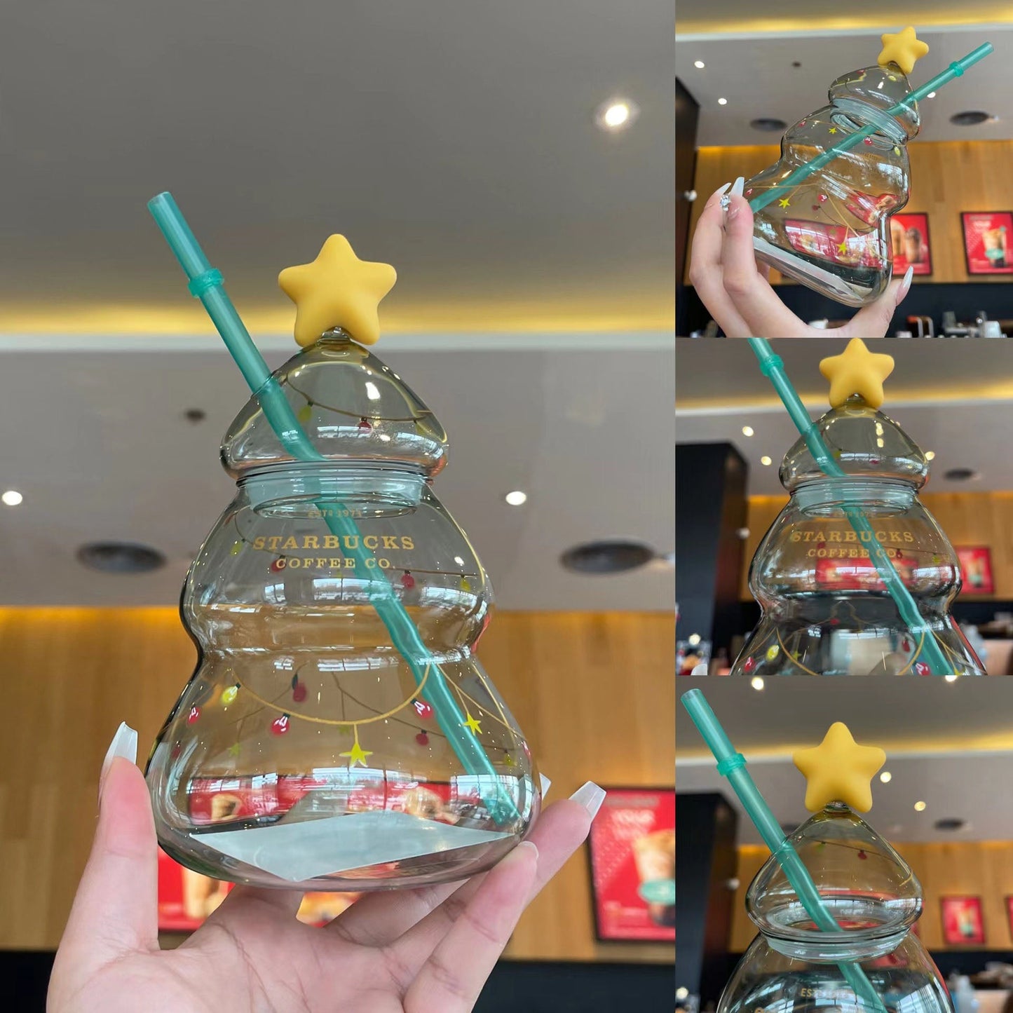 Starbucks China 2022 Xmas-2nd series Snowflake style Christmas tree glass cup 640ml Starbucks loveinstarbucks