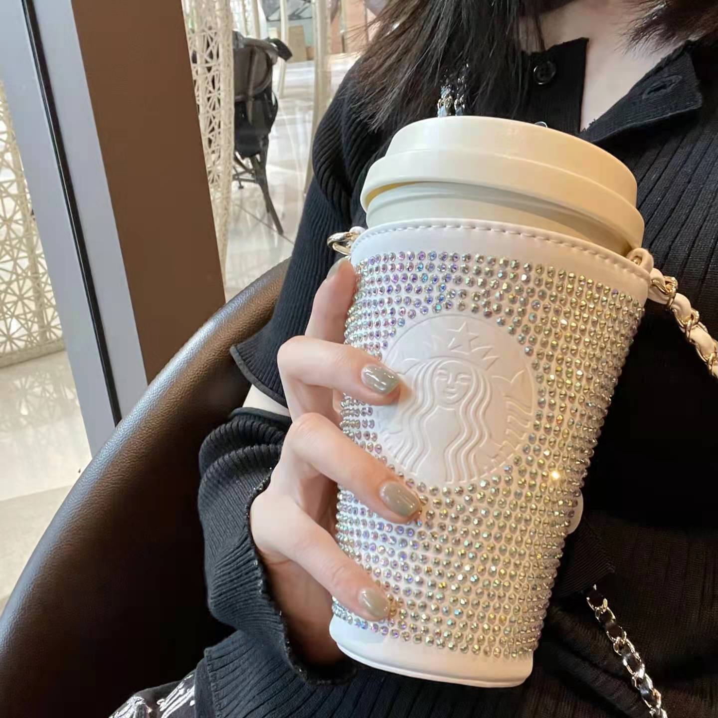 Starbucks China white sparkling diamond stainless steel cup 12.5oz with holder Starbucks loveinstarbucks