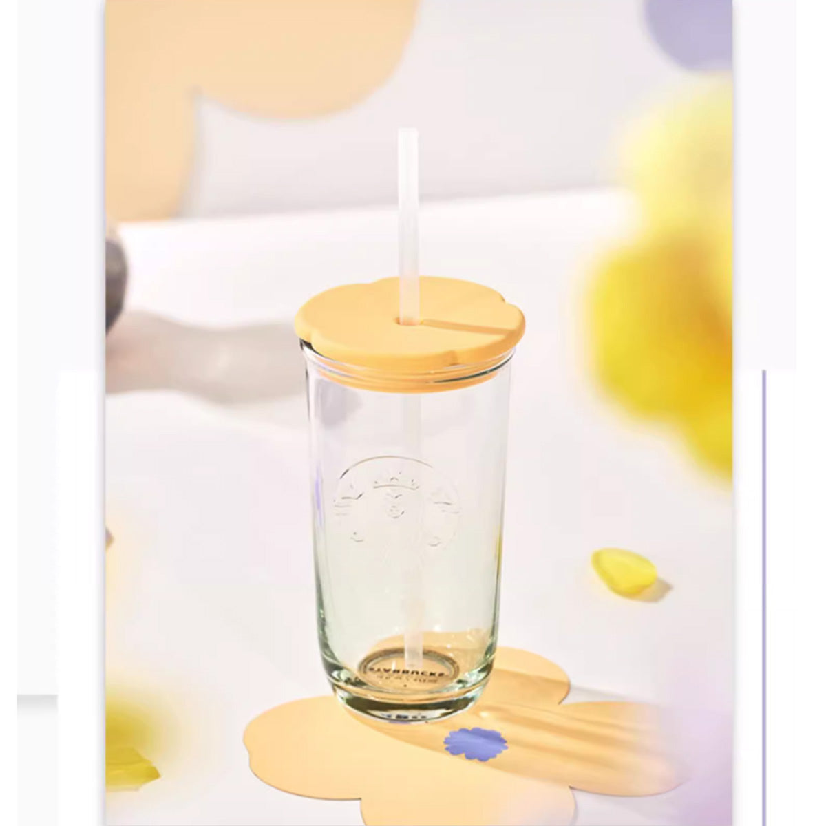 Starbucks China 2023 Summer wildflowers yellow Flower lid straw glass cup 473ml Starbucks loveinstarbucks