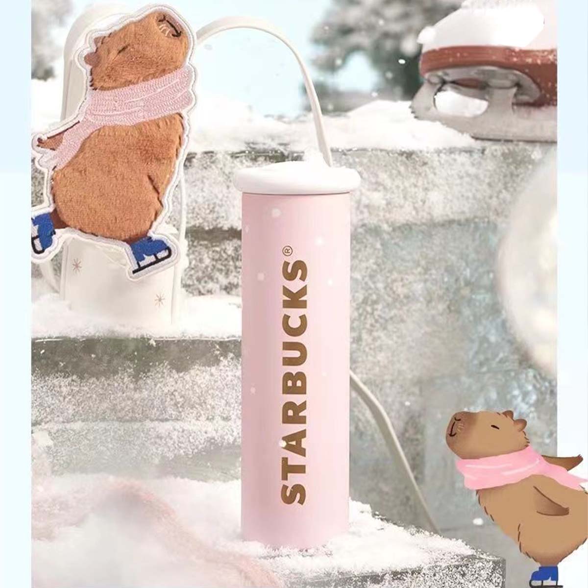 China 2023 Christmas online cute pet series Pink stainless steel cup 330ml with cup cover Starbucks loveinstarbucks