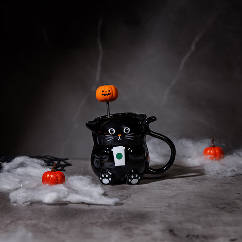 Starbucks HONG KONG Witchâs Halloween Party Collection BLACK CAT MUG WITH PUMPKIN STIRRER 12OZ Starbucks loveinstarbucks