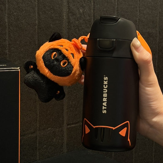 Starbucks China 2026 Halloween Magical Night Series 430ml Orange Cat Stainless Steel Straw Tumbler with Charm