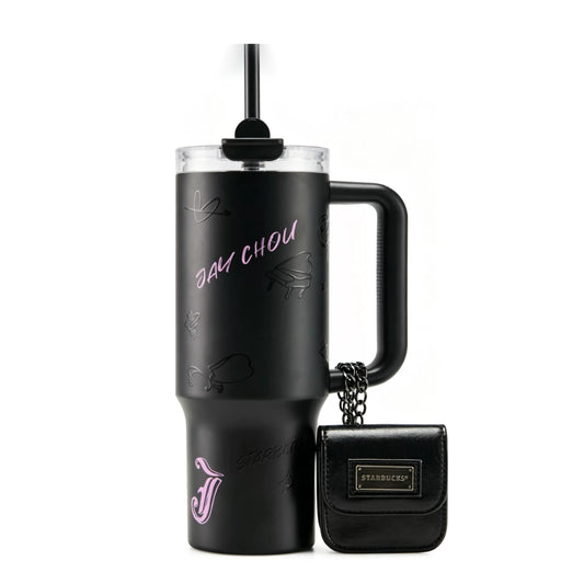 Starbucks China 2026 x Jay Chou series cool black matte finish stainless steel straw cup with multi-function bag 1010ml
