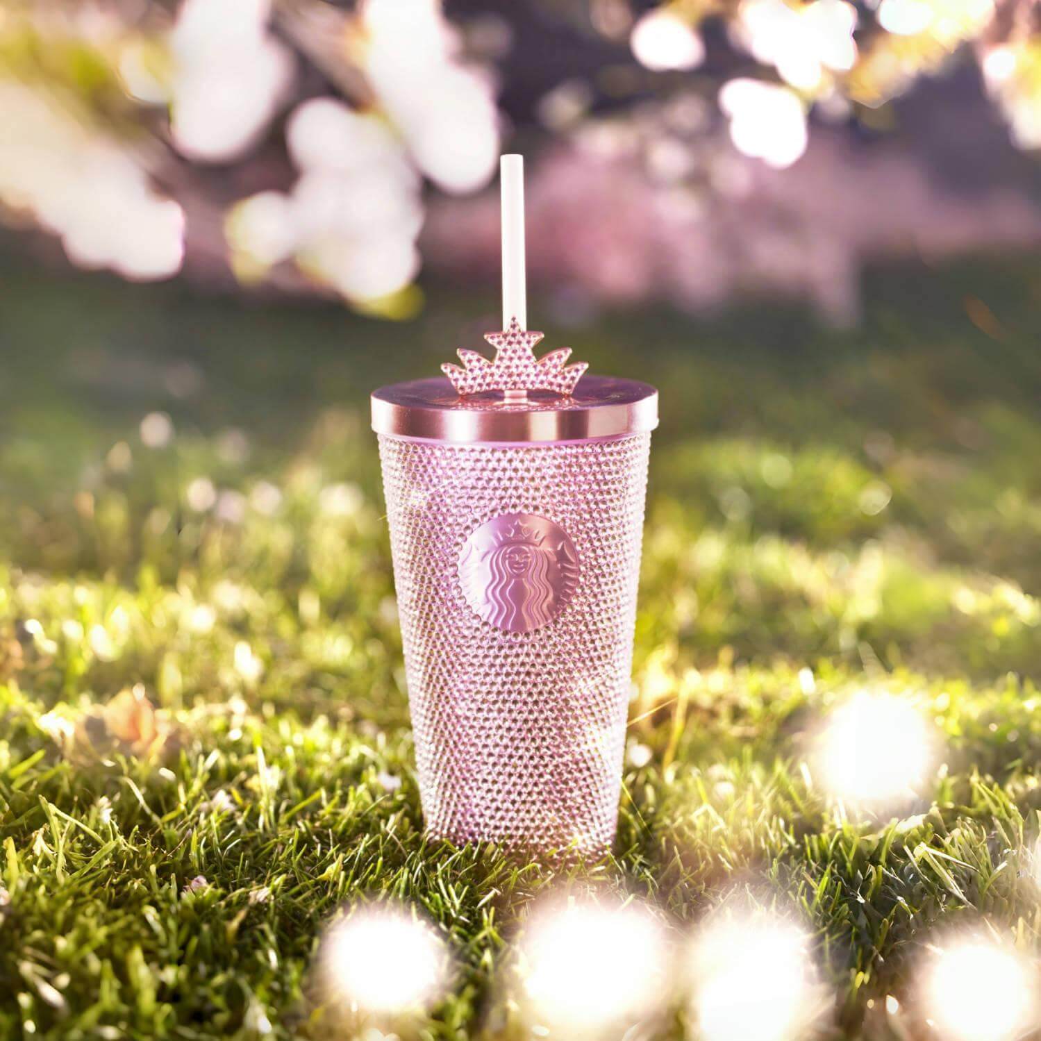 Starbucks China 2024 spring walk series pink Sakura crown rhinestones stainless steel cup Starbucks loveinstarbucks
