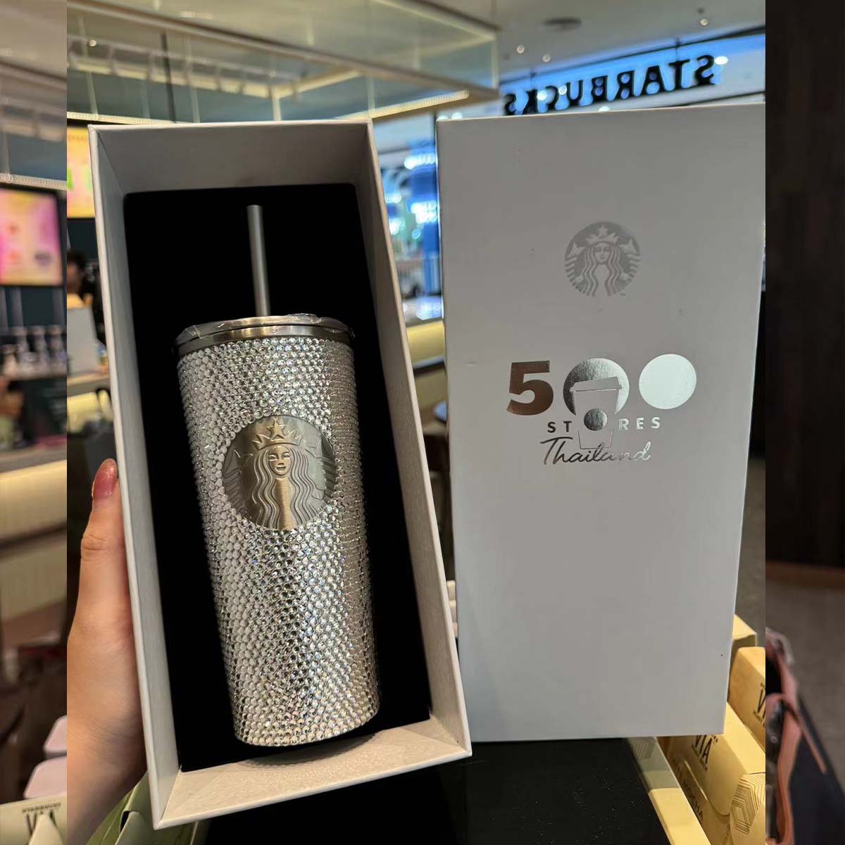 Starbucks Thailand 500 Stores Silver bling rhinestones cold cup 16oz Starbucks loveinstarbucks