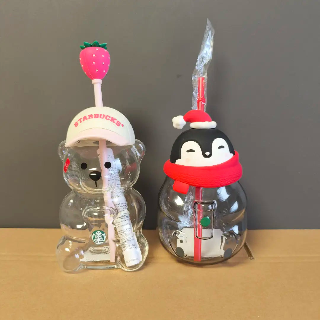 Starbucks Strawberry Glass Cup and a Penguin Glass Cup with Minor Scratches