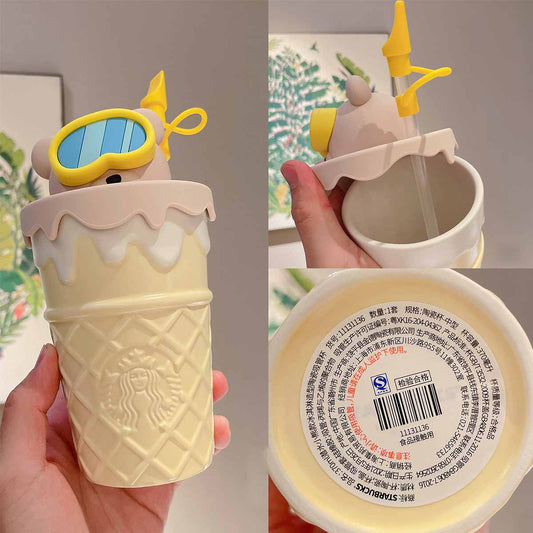 Starbucks China 2021 Colorful jungle Diving Bear Ice Cream Ceramic Straw Cup 370ml Starbucks loveinstarbucks
