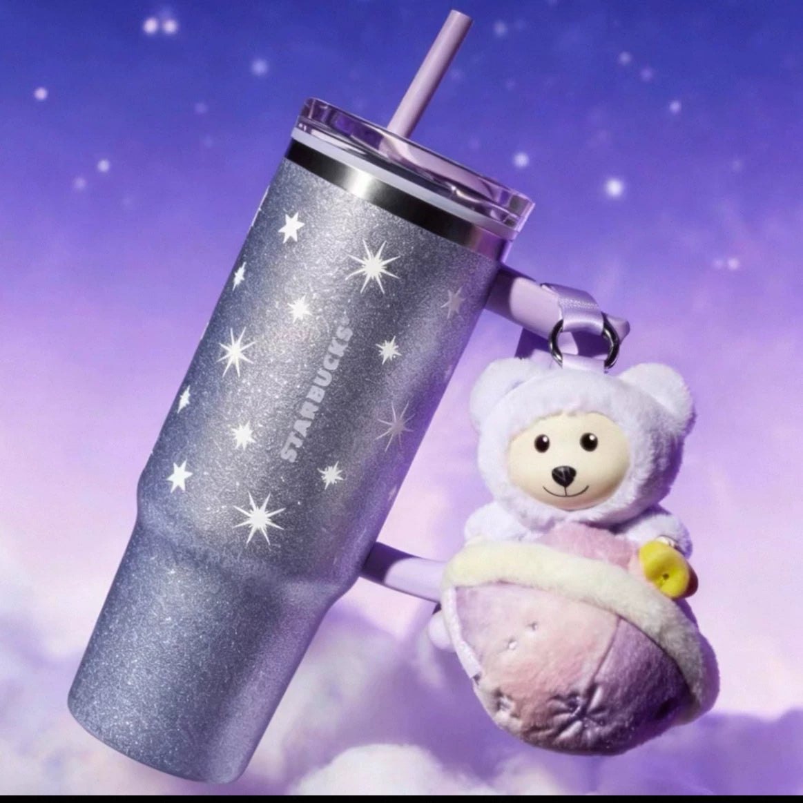 Starbucks China 2026 Purple Night Star River series 910ml stainless steel straw cup with planet bear pendant