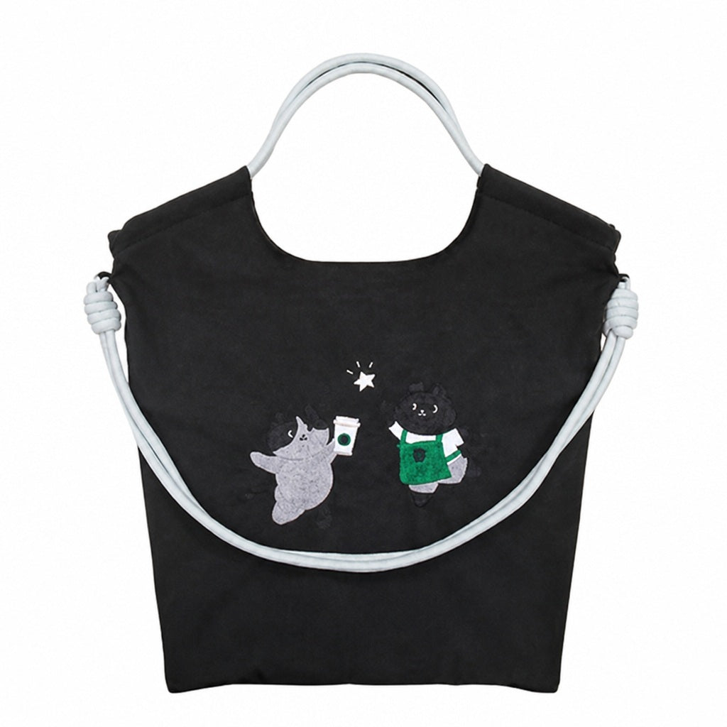 Starbucks Taiwan 2026 Halloween Series Black Cat Embroidered Nylon Shoulder Tote Bag