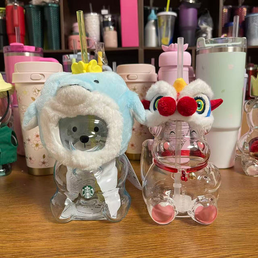 2PCS -Starbuck Korea Jeju Island Dolphin Bearista Bear glass and Cow Lion Dance glass