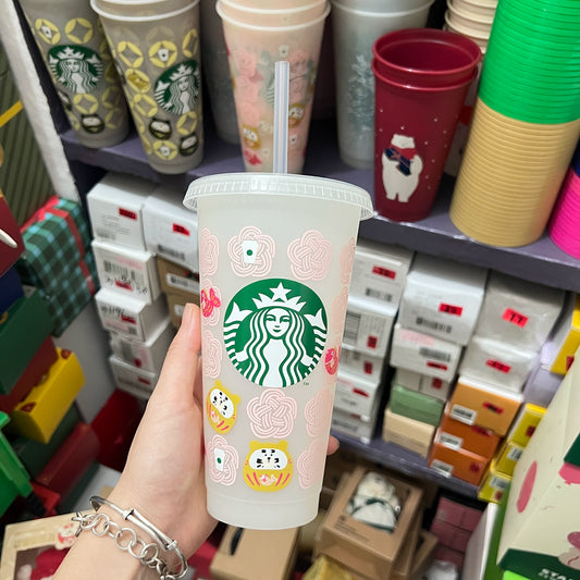 2PCS Starbucks Taiwan 2026 New Year's Lucky Daruma Series F Straw Cup 710ml opened