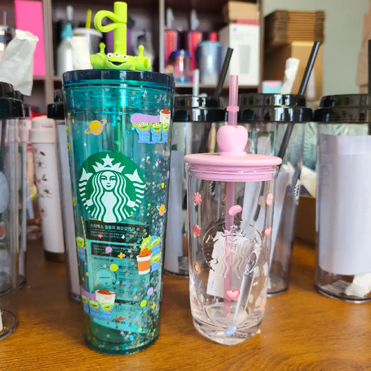 Starbucks Korean Green Sippy Cup and Flawed Glass Cup