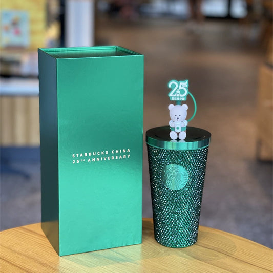 Starbucks China 2024 25th Anniversary Autumn green Rhinestones straw cup 16oz Starbucks loveinstarbucks
