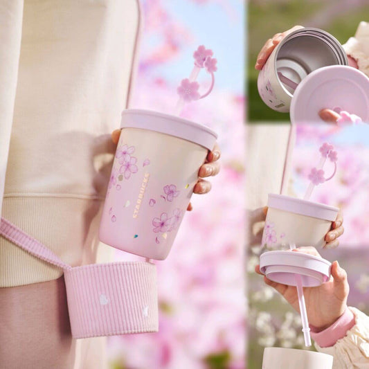 Starbucks China 2024 spring walk series Sakura stainless steel straw cup 355ml with the holder loveinstarbucks loveinstarbucks