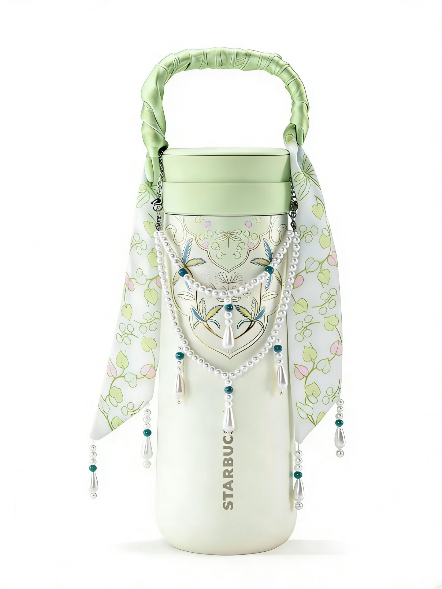 Starbucks China 2026 Spring Blessings Series 430ml stainless steel thermos cup with green ribbon handle