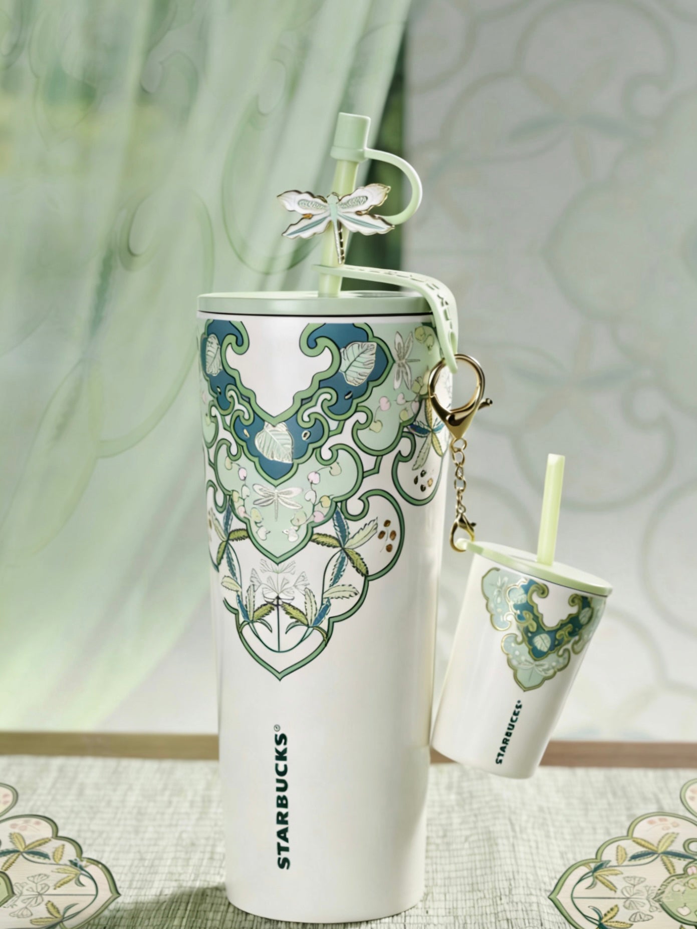 Starbucks China 2026 Spring Blessings Series 820ml Stainless Steel Straw Cup with Mini Cup Pendant