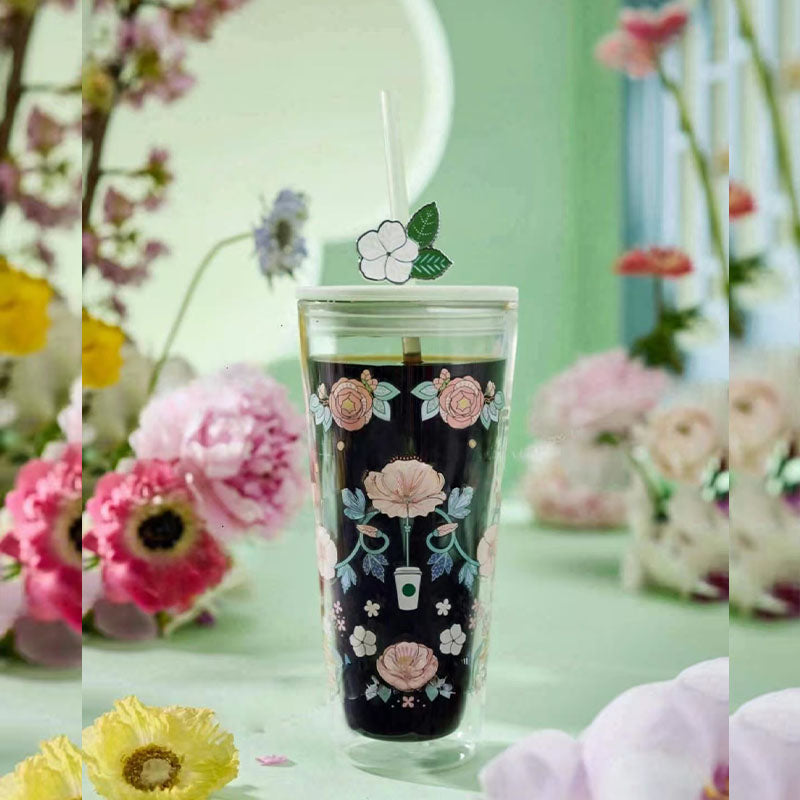 Starbucks China 2025 Spring Flower Series Glass Straw Cup 600ml