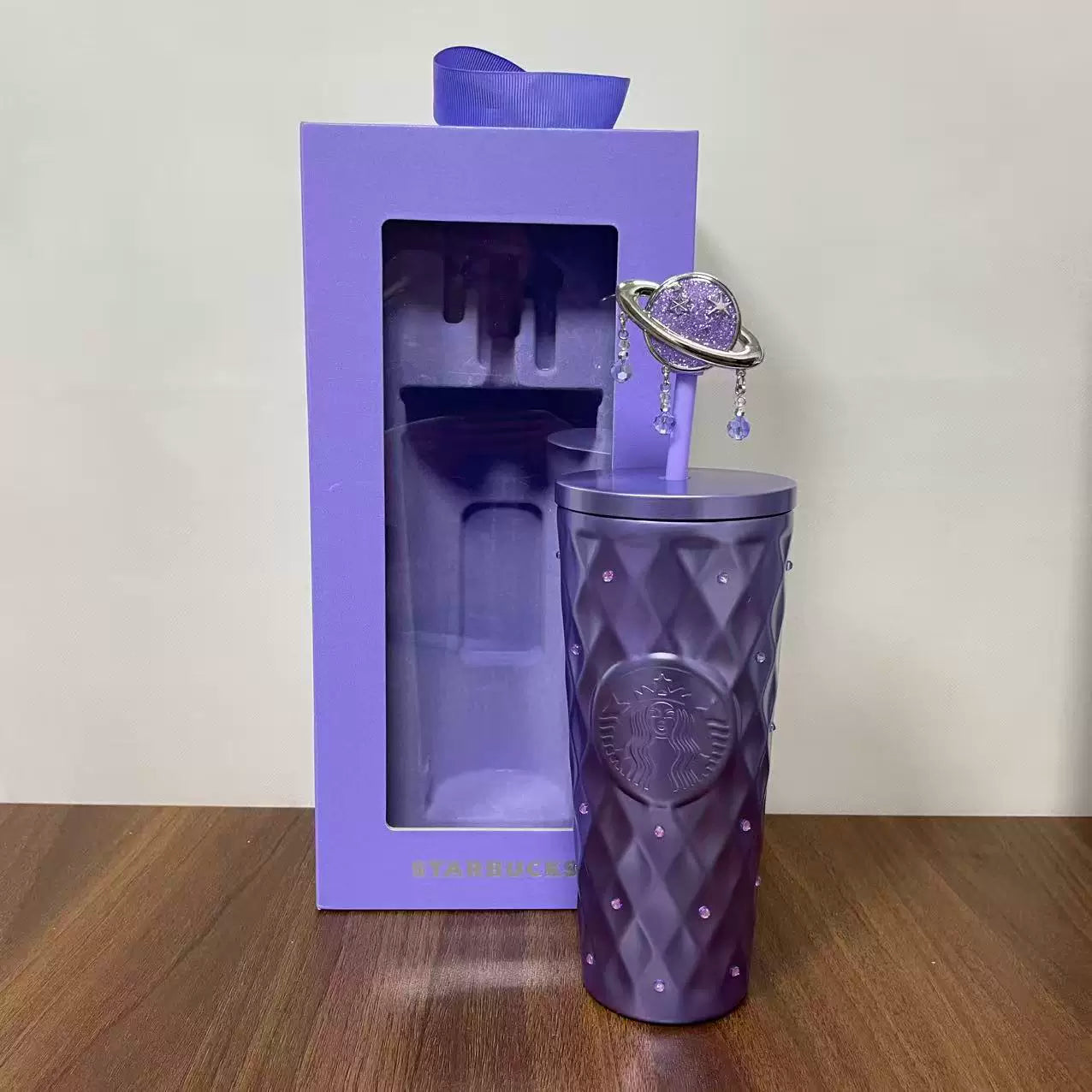 Starbucks China 2026 Purple Night Star River series 600m Purple Diamond Style Stainless Steel Straw Cup with Planet Decoration