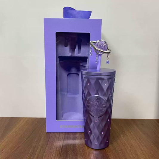 Starbucks China 2026 Purple Night Star River series 600m Purple Diamond Style Stainless Steel Straw Cup with Planet Decoration