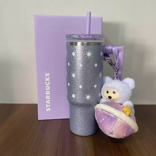 Starbucks China 2026 Purple Night Star River series 910ml stainless steel straw cup with planet bear pendant