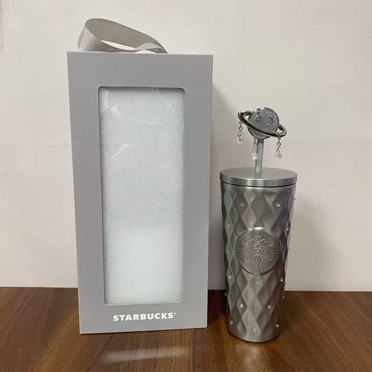 Starbucks China 2026 Purple Night Star River series 600m silver style stainless steel straw cup with planet decoration