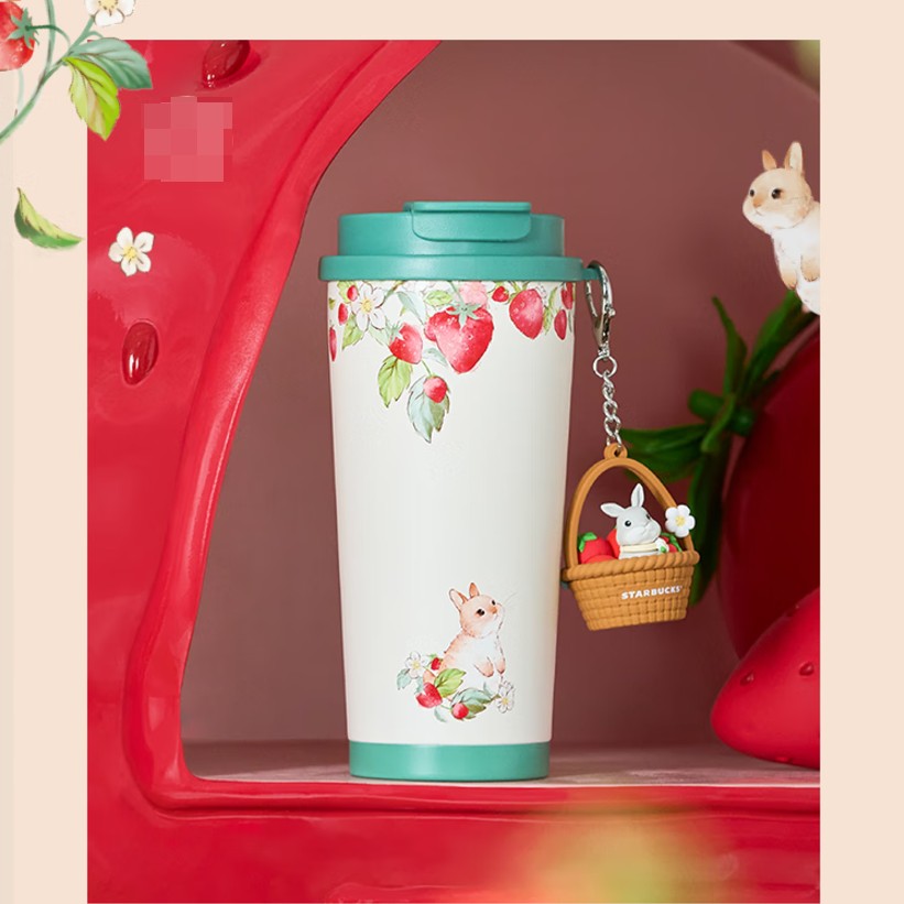 Starbucks China 2024 Strawberry Bunny Paradise series Stainless steel cup 480ml coming with ornament Starbucks loveinstarbucks
