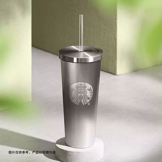 Starbucks China 2025 Classic Series Elegant Silver Simple Cat-Eye Texture Stainless Steel Tumbler with Straw