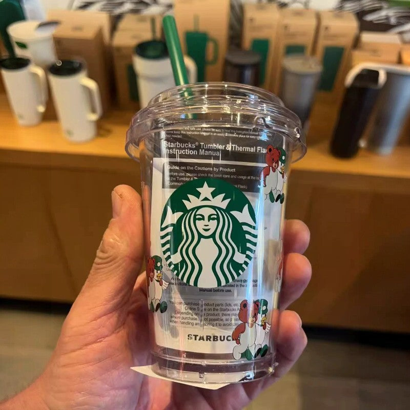 Starbucks Korea 2026 Bear Transparent Plastic Tumbler cup with Straw a set 300ml