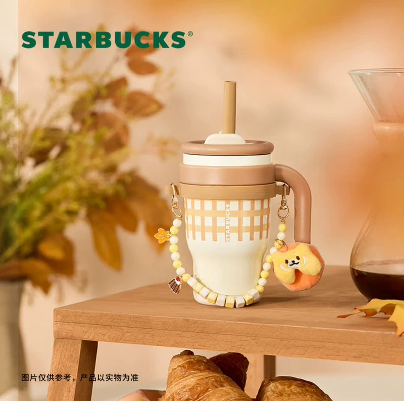 Starbucks China 2025 Bear Dessert House Series Checked Stainless Steel Straw Cup with Pendant 420ml 14.78oz