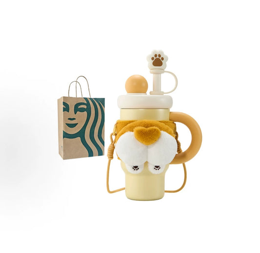 Starbucks China 2026 Paws series 820ml stainless steel tea drain straw cup with cute plush cup strap