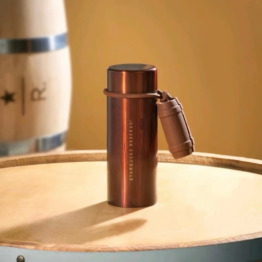 Starbucks China 2026 Whiskey Barrel-Aged Inspired Series 370ml stainless steel thermos cup with oak barrel-shaped headphone bag