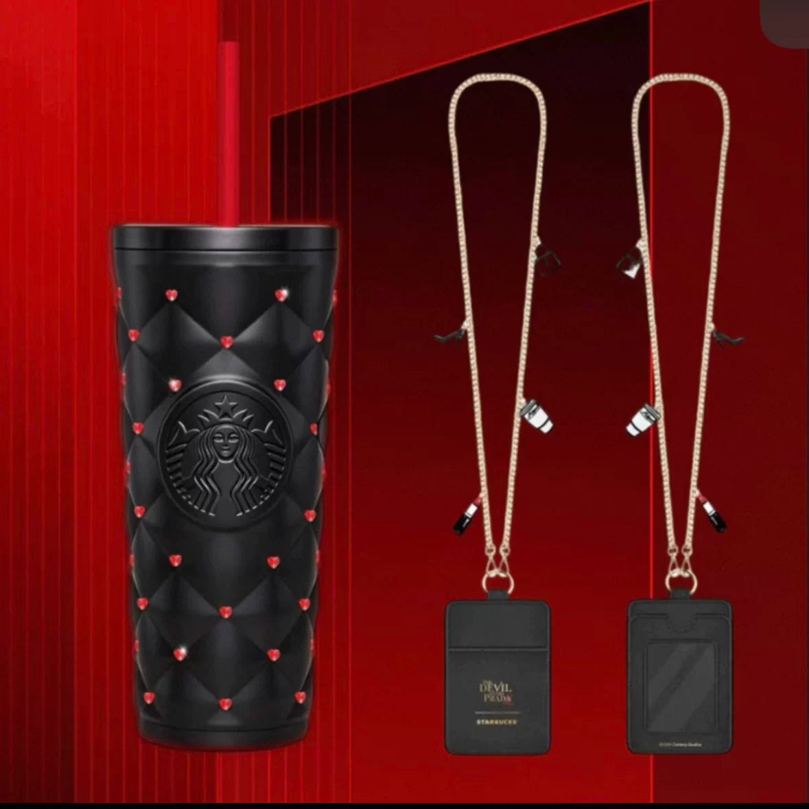 Starbucks China 2026 and The Devil Wears Prada Collaboration Series 590ml black love diamond surface stainless steel cup with card holder