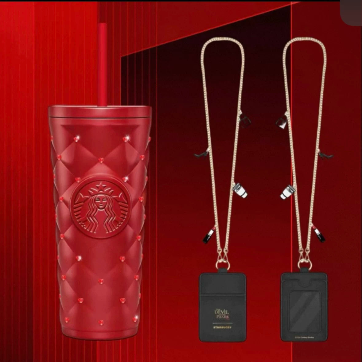 Starbucks China 2026 and The Devil Wears Prada Collaboration Series 590ml red love diamond-shaped stainless steel cup with card holder