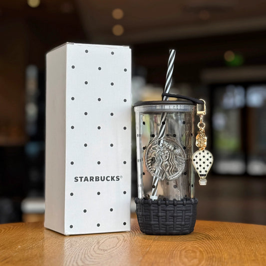 Starbucks Polka Dot Wonderland Series 530ml Polka Dot Glass Straw Cup with Hot Air Balloon Charm