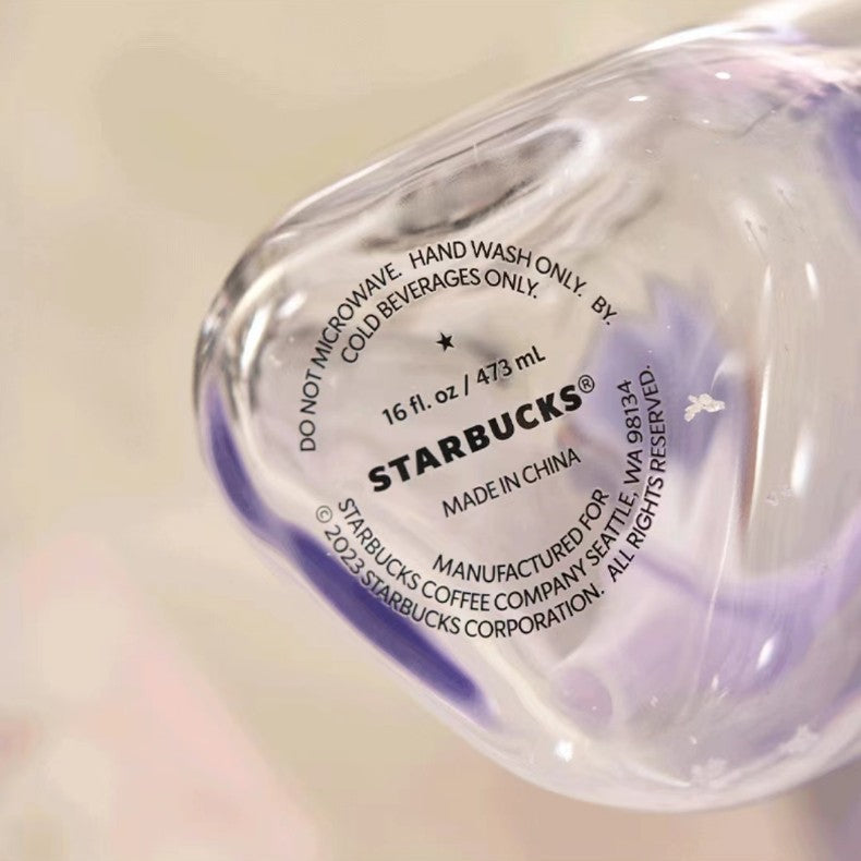 Starbucks China 2023 Christmas cute pet series purple or pink triangular triangle glass straw cold cup 16oz pink glass have cat paw topper Starbucks loveinstarbucks